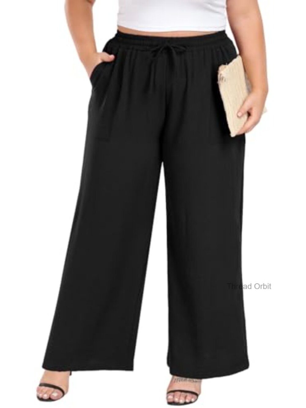 Plus Size Wide Leg Palazzo Pants High Waist Drawstring Pockets
